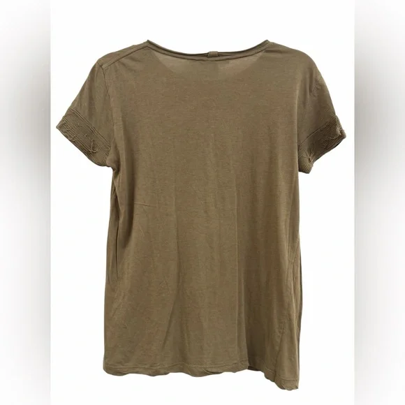 Helmut Lang Olive Green Distressed Sleeve Cashmere Cotton Tee - Picture 2 of 4